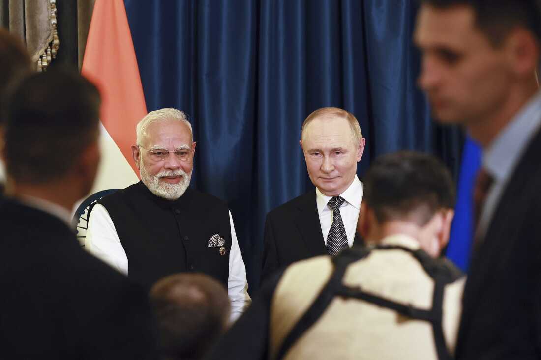 Indian Prime Minister Narendra Modi, left, and Russian President Vladimir Putin pose during their meeting on the sidelines of the Shanghai Cooperation Organization (SCO) summit in Tianjin, China, Monday, Sept. 1, 2025.