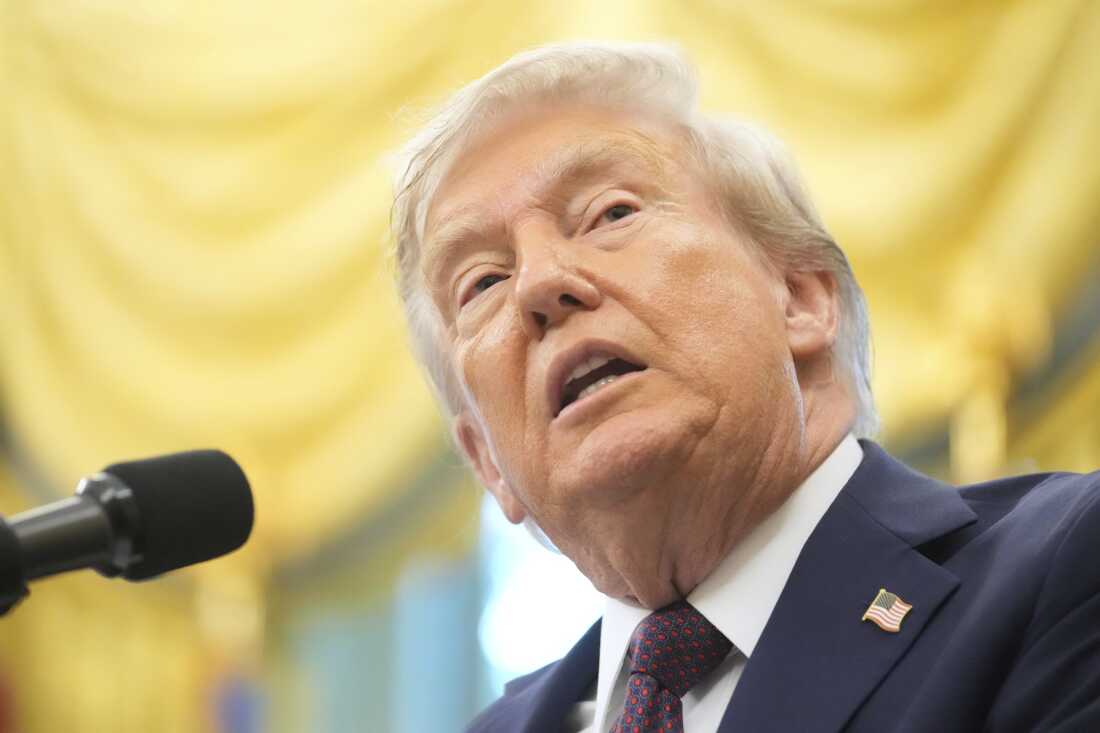 President Donald Trump speaks during an event in the Oval Office of the White House on Tuesday.