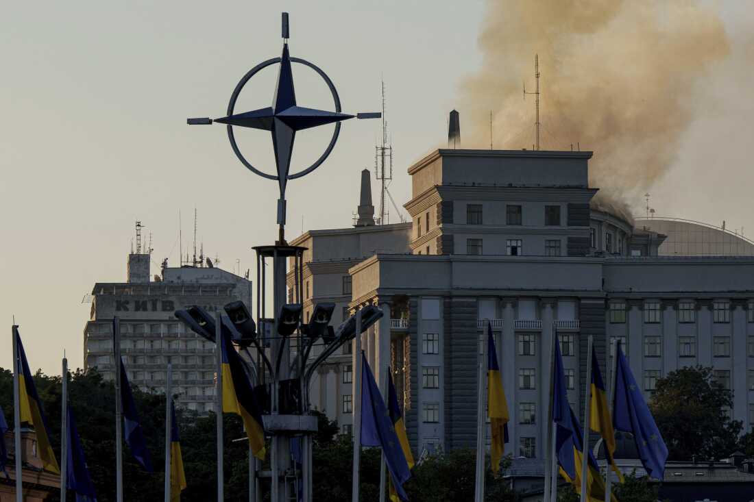 Smoke rises from the Cabinet of Ministers building after a Russian strike in Kyiv, Ukraine, on Sunday, Sept. 7, 2025.