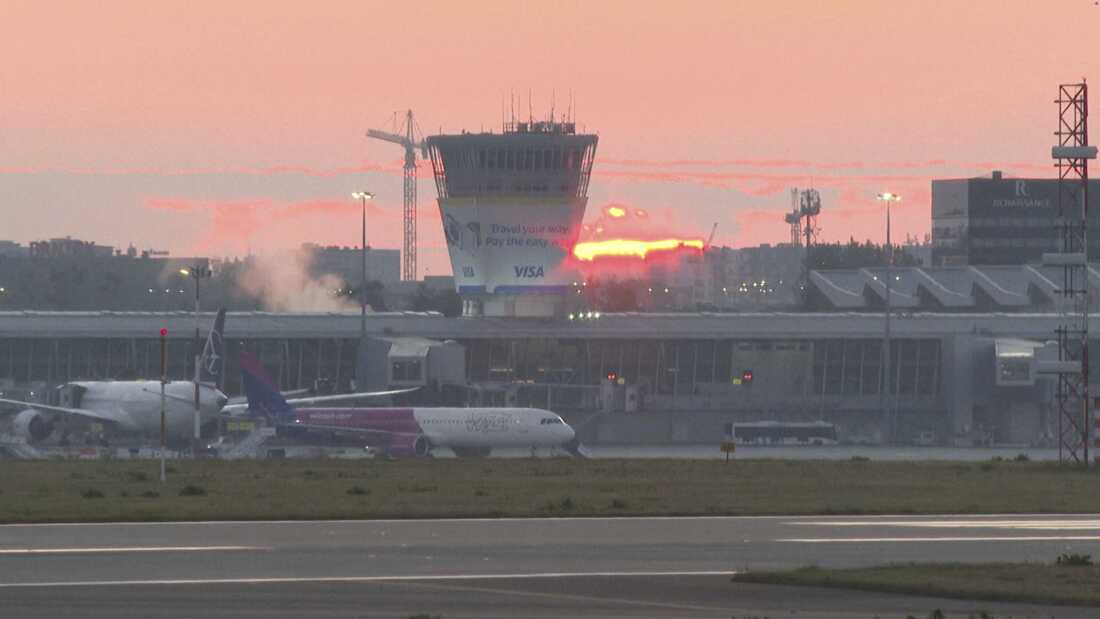 This image made from video shows airplanes parked at Chopin Airport in Warsaw, Poland, Wednesday, Sept. 10, 2025.