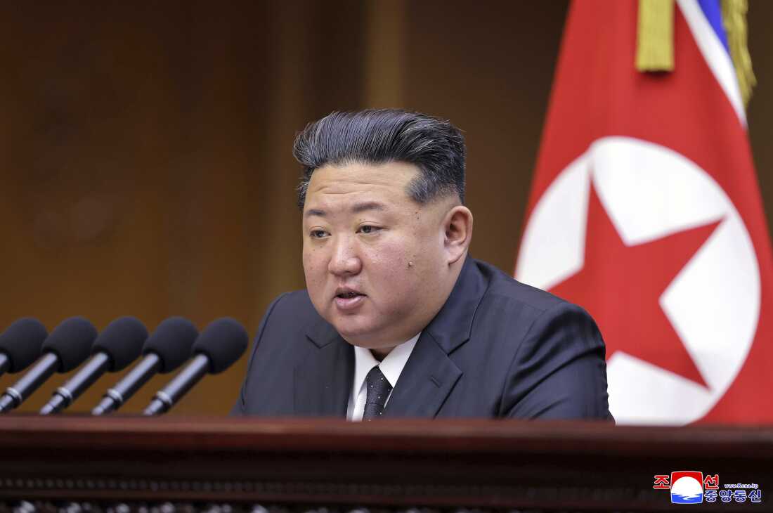 This photo provided by the North Korean government shows North Korean leader Kim Jong Un speaking during a parliament session at the Supreme People’s Assembly, which was held on Sept. 20-21, 2025 in Pyongyang, North Korea.