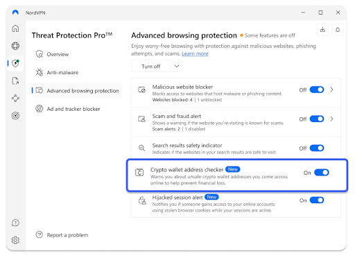 Screenshot of NordVPN's Threat Protection Pro including the new Crypto wallet address checker tool