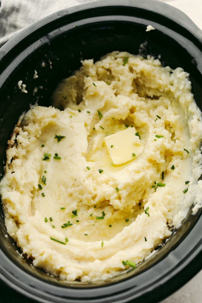 Mashed potatoes in a crockpot.