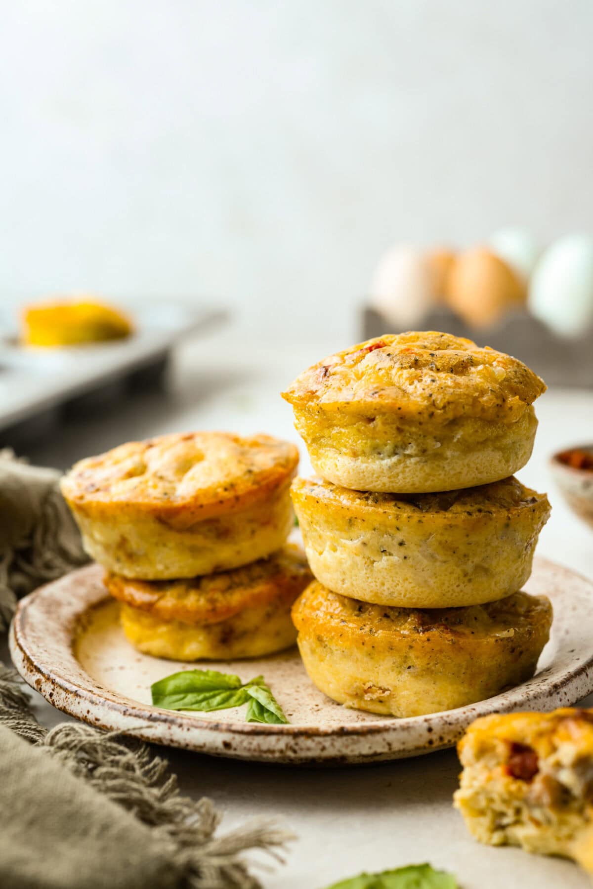 Stack of Starbucks copycat Italian sausage egg bites.