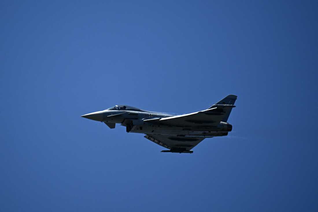 A German Eurofighter Typhoon jet performs during an exhibition flight demonstration in Le Bourget, north of Paris on June 18. Eurofighters were used in intercepting the Russian plane.