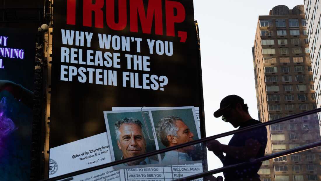 A billboard in Times Square calls for the release of the Epstein files on July 23 in New York City.