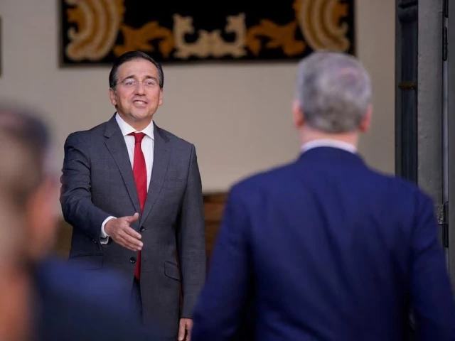 spain s foreign minister jose manuel albares welcomes u s treasury secretary scott bessent to continue discussions on trade economic and national security issues in madrid spain september 14 2025 photo reuters