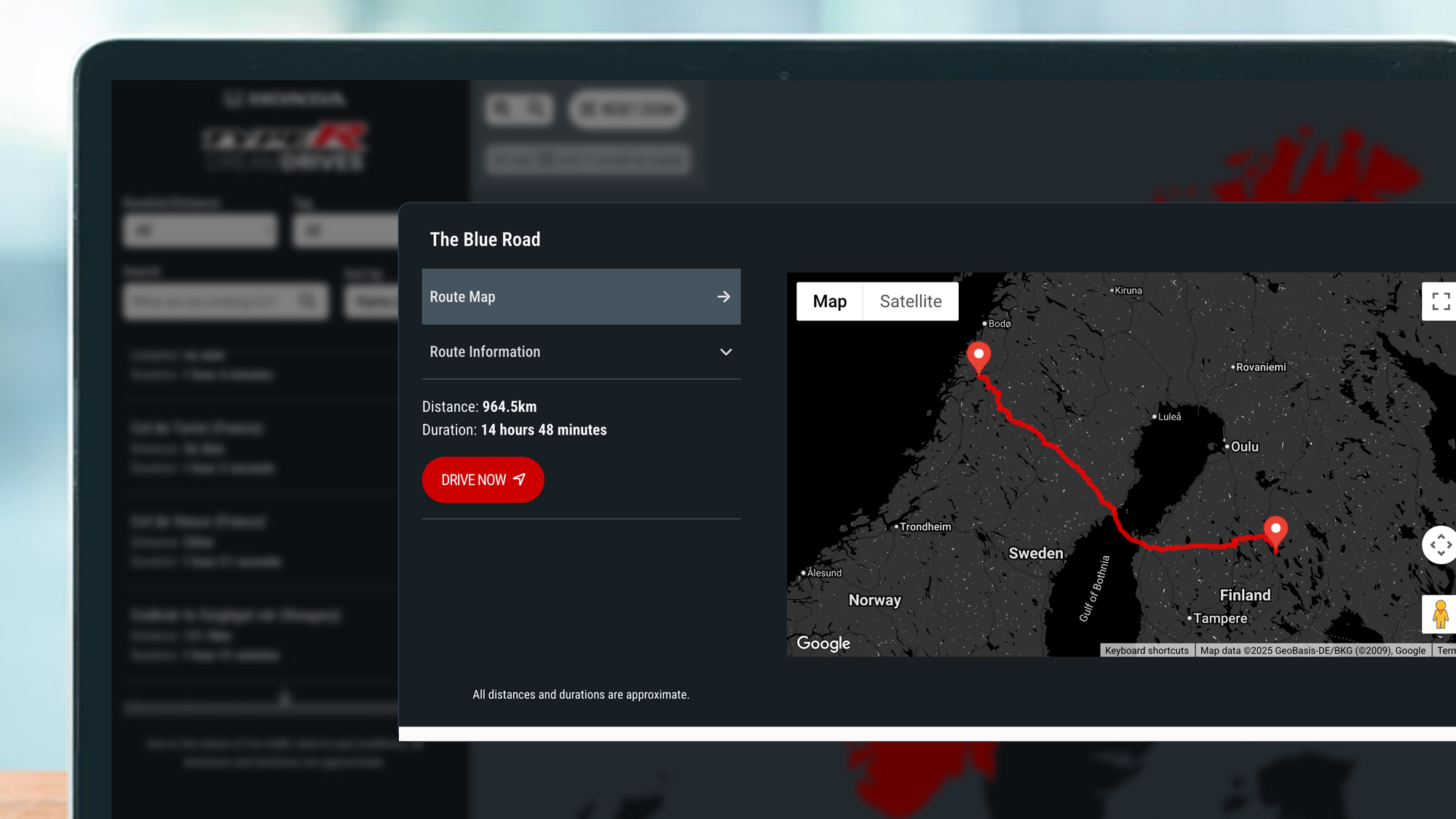 A laptop screen showing a route in Honda