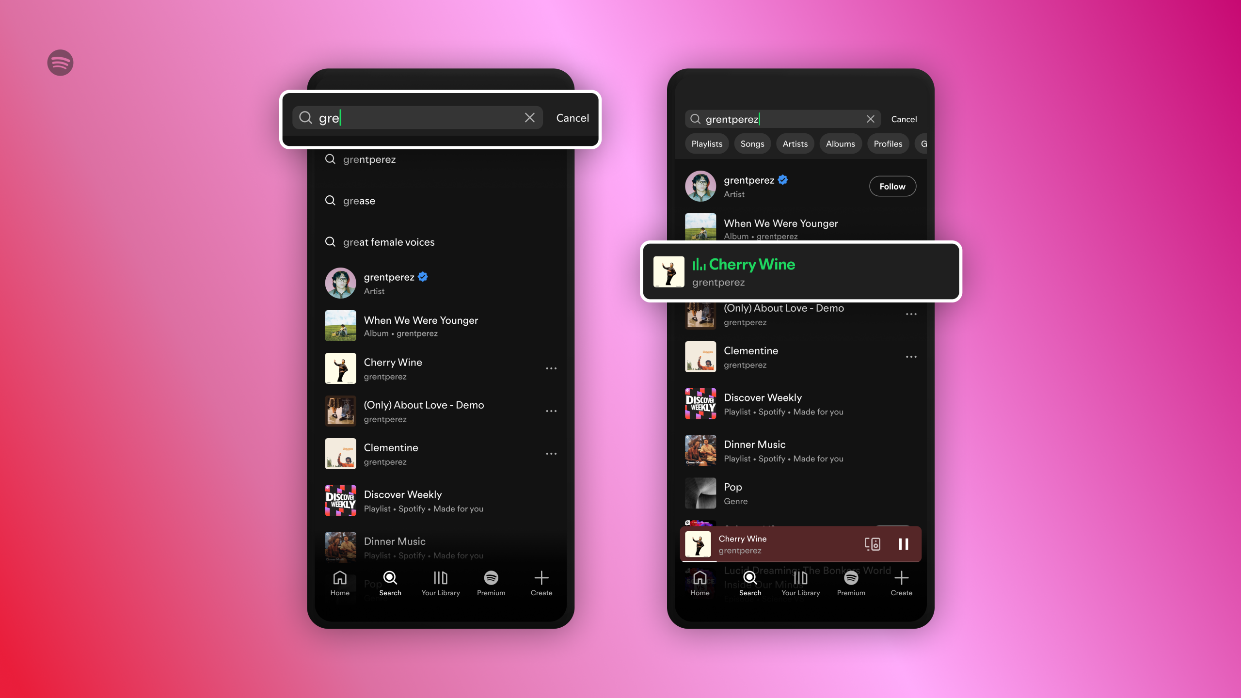 Spotify Free version allowing you to tap on any song you search for