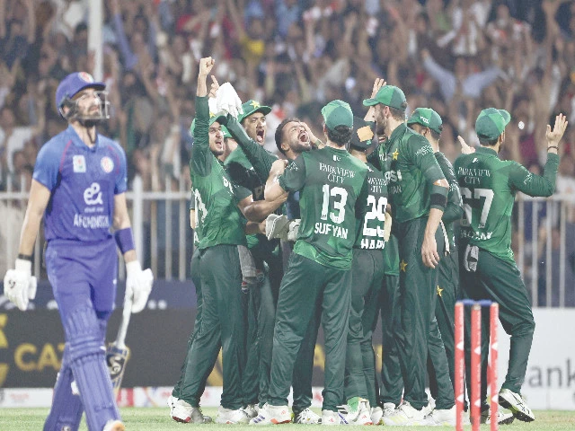 pakistan s players celebrate after taking the wicket of afghanistan s ibrahim zadran during the t20i match against afghanistan in sharjah photo afp