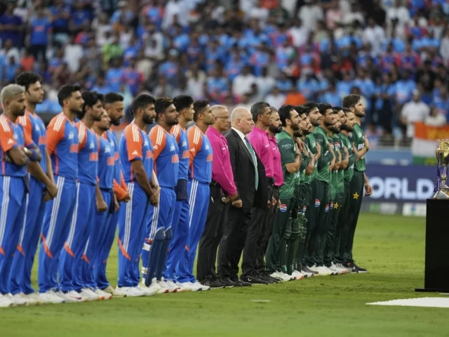 india and pakistan line up for the national anthems photo acc
