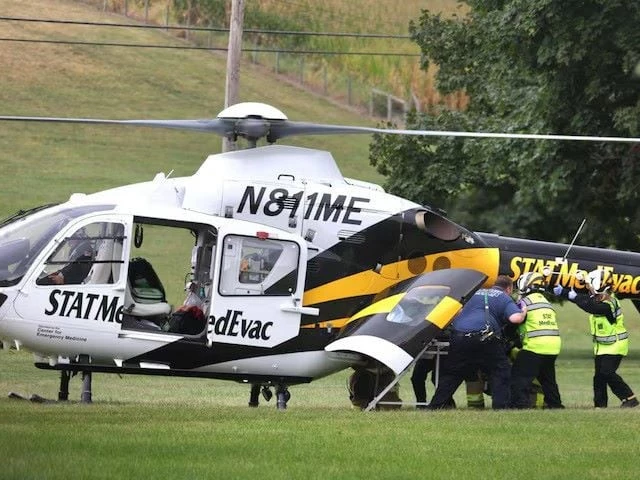 a police officer is loaded into a medevac helicopter after a shooting incident in york county s north codorus township pennsylvania us september 17 2025 photo reuters