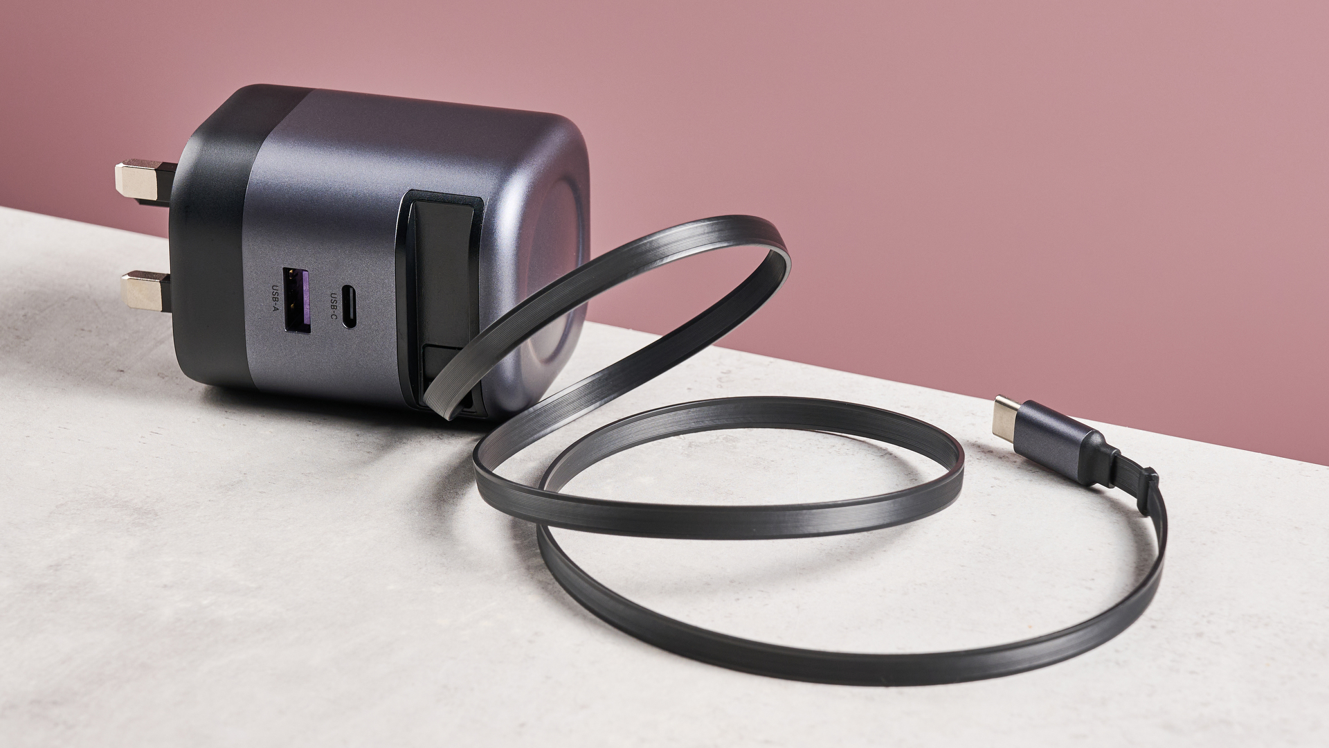 UGreen Nexode 65W Charger with Retractable USB-C Cable with cable retracted in a spiral shape