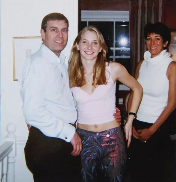An undated handout photo taken at an undisclosed location and released on August 9, 2021 by the United States District Couty for the Southern District of New York shows (L-R) Prince Andrew, Virginia Giuffre, and Ghislaine Maxwell posing for a photo.