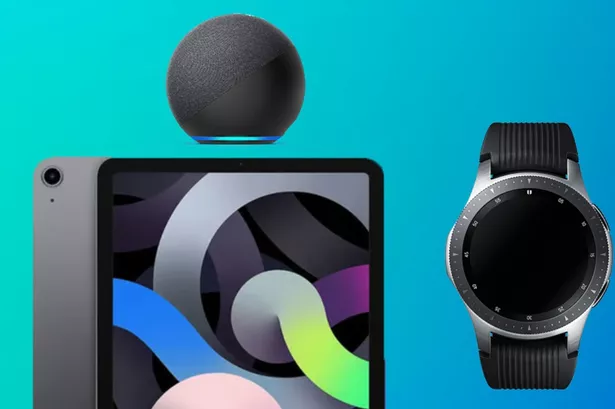 Echo Dot, iPad and Samsung Watch on blue background