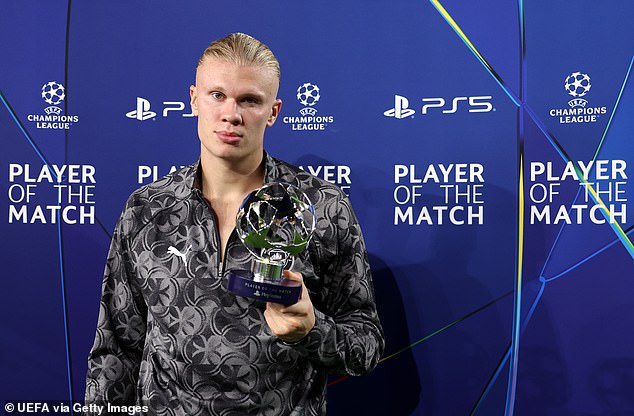Erling Haaland, pictured holding his Player of the Match award, could not hide his fury after Monaco twice came from behind to draw 2-2 with his Manchester City side on Wednesday
