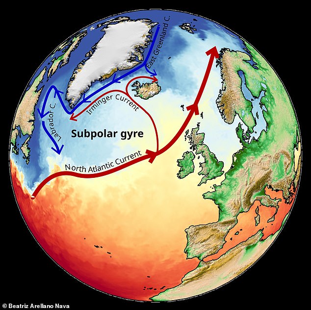 The North Atlantic Subpolar Gyre is a massive system of rotating ocean currents that transports heat from the tropics to the North Atlantic, helping to regulate temperatures in Europe and North America