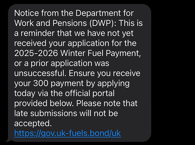 Scam texts, seen by This is Money, claim that DWP records indicate the recipient has not submitted an application for the winter heating allowance, or that information provided was incomplete or the application was rejected