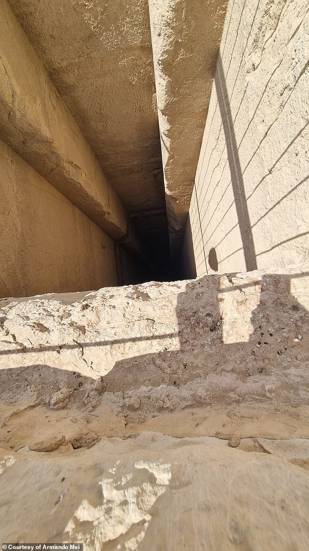 The first shaft, northeast of the Sphinx, has a square limestone mouth and plunges 130 feet—the height of a 12-story building. Its walls are precisely squared and lined with limestone and sandstone blocks, resembling the structure of some ancient machine