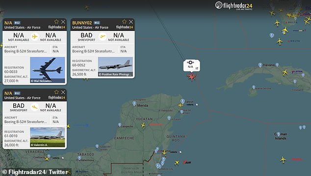 Flight tracking data spotted the three US Air Force B-52H Stratofortress bombers traveling between Mexico and Cuba as it moved closer to Venezuela