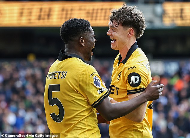 Marshall Munetsi and Jorgen Strand Larsen celebrate after Munetsi