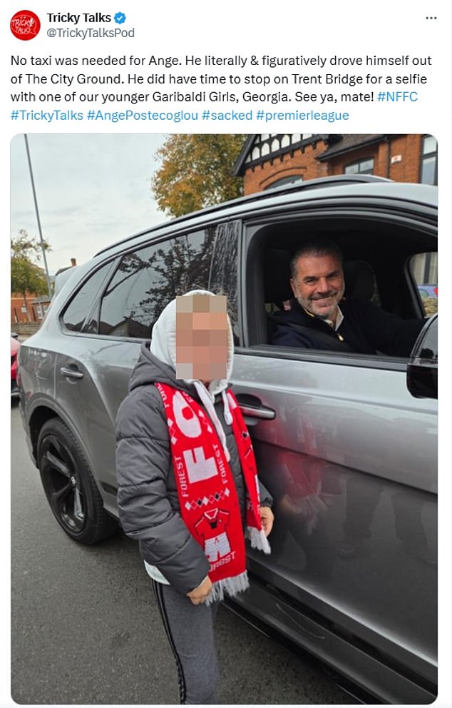 Australian coach Ange Postecoglou took the time to grab selfies with young fans hours after being sacked by Nottingham Forest