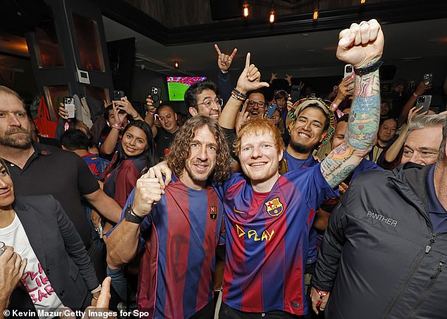 Ed Sheeran spent Sunday evening partying in New York as he watched El Clasico with a Barcelona legend