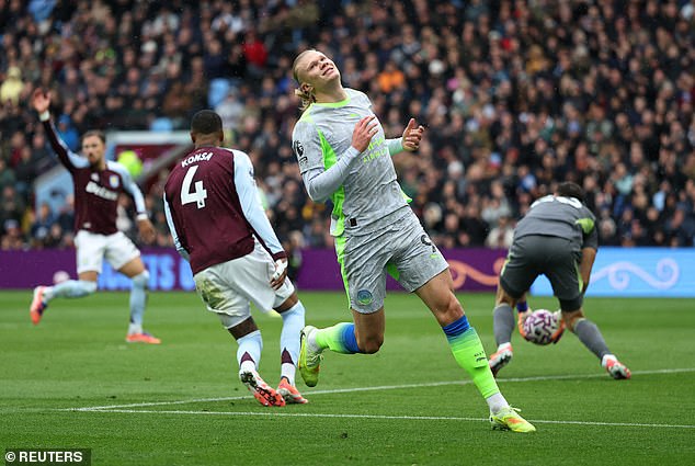 Erling Haaland wheels away after placing his shot too close to Aston Villa goakeeper Emi Martinez as Manchester City draw a blank on Sunday