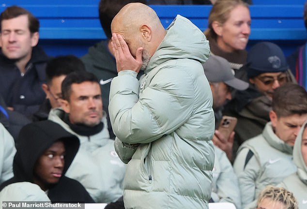 Enzo Maresca cannot bear to look as his Chelsea side are beaten by Sunderland at the weekend