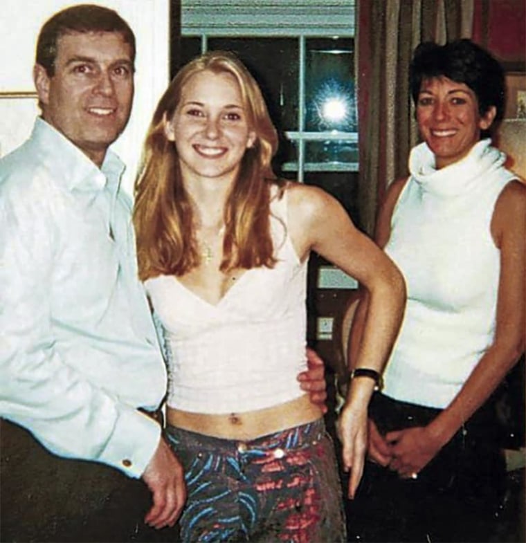 Virginia Giuffre (then Roberts) with Prince Andrew and Ghislaine Maxwell at Prince Andrew