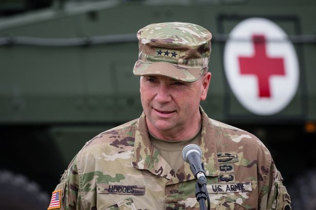 Lieutenant General Ben Hodges, commanding general of the US Army in Europe is seen during a press conference after NATO Saber Strike military exercises on June 16, 2017 in Orzysz, Poland