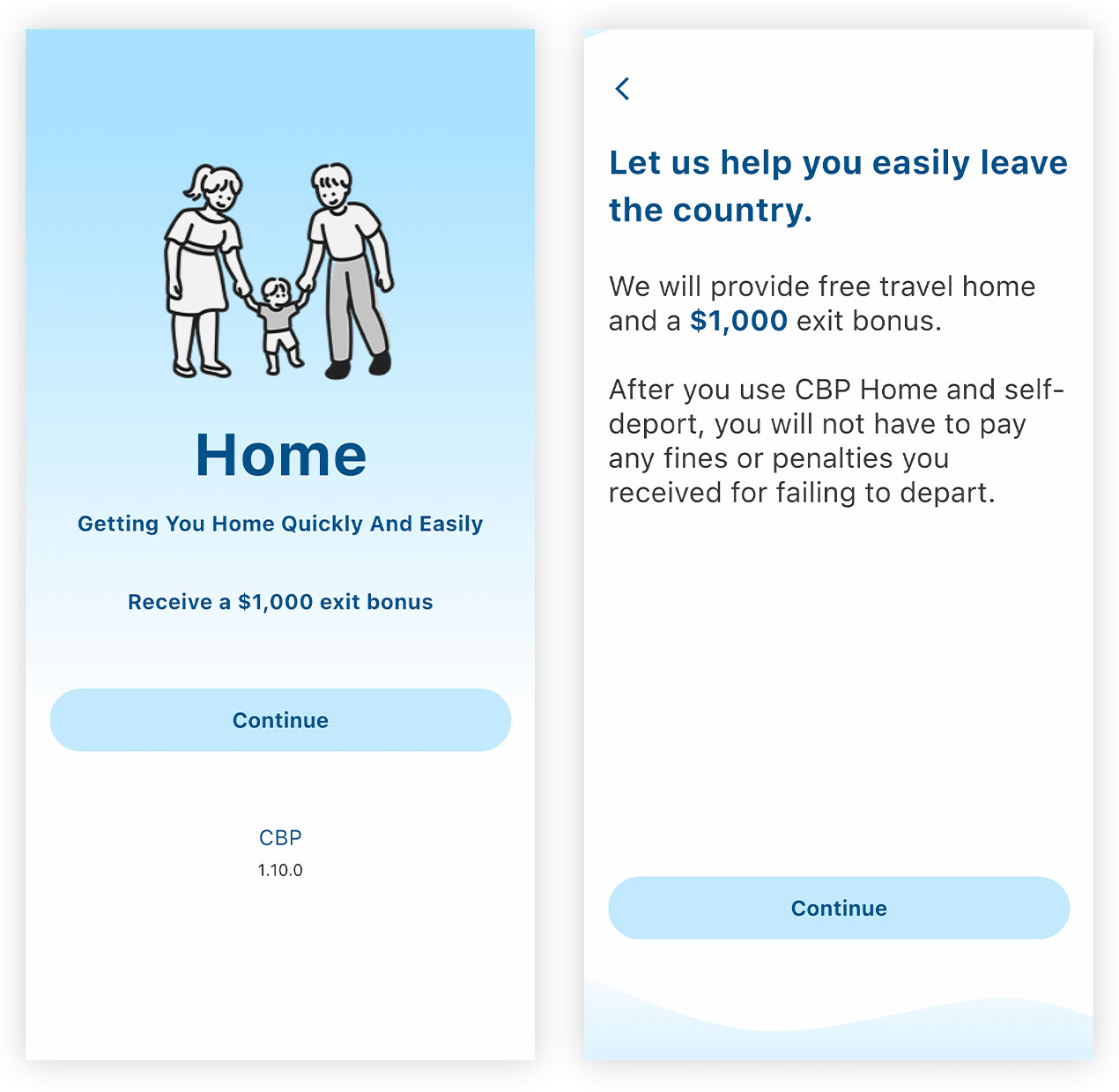 Alt text: A composite image of two smartphone screens showing an application to help people leave the country. The first screen, titled