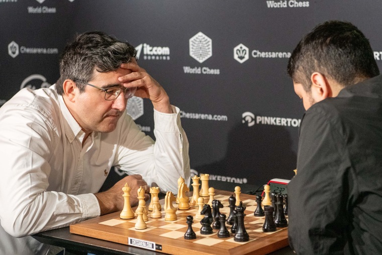 Vladimir Kramnik, left, and José Martínez Alcántara face off at the World Chess Clash of Blames tournament in London in 2024.