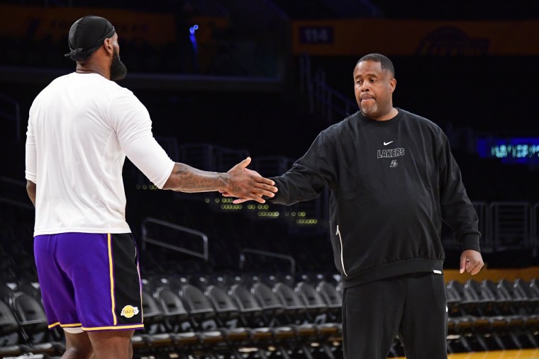 LeBron James of the Los Angeles Lakers and Damon Jones greet each other before a playoff game on April 28, 2023.