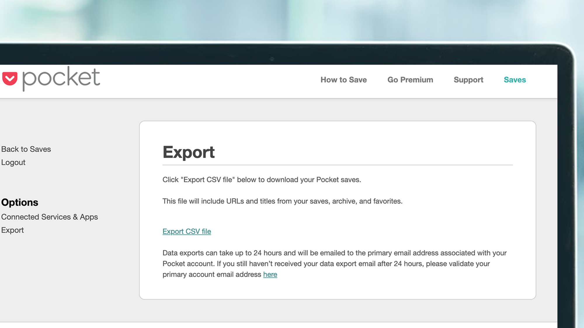 A laptop screen showing the data export page for Pocket