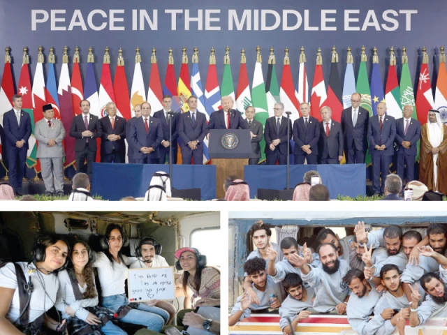 clockwise us president donald trump delivers a statement during a summit on gaza in sharm el sheikh freed palestinian prisoners gesture in khan younis released israeli hostage matan zangauker flies in a helicopter with his mother and other loved ones photos agencies