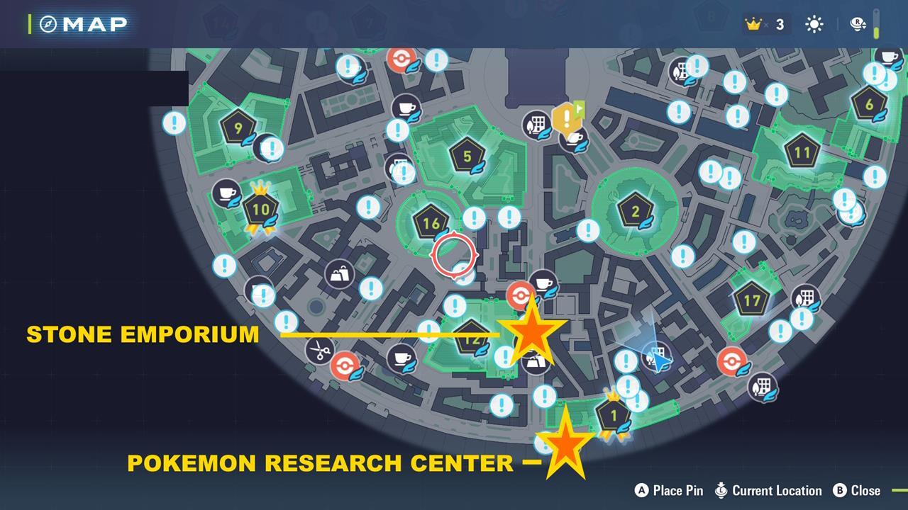 The map above shows the locations of the Pokemon Research Center and the Stone Emporium.