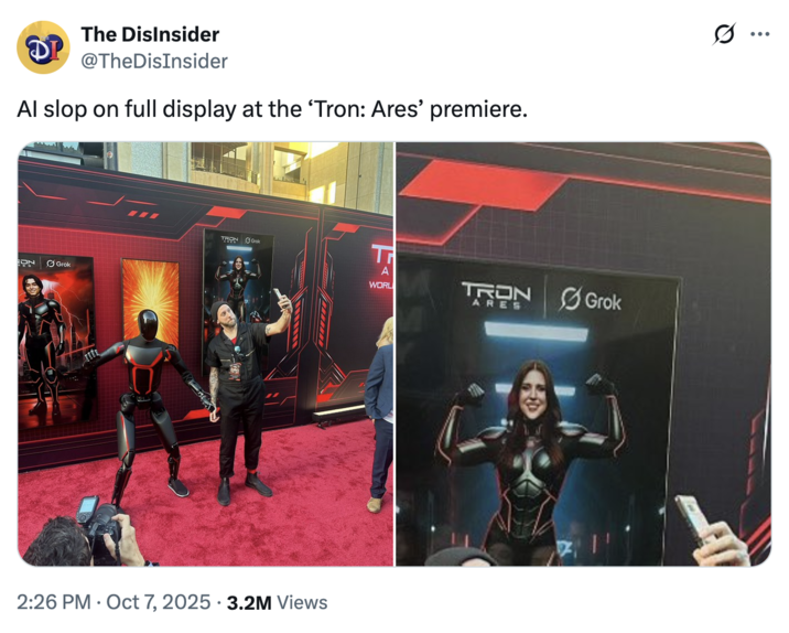 X user @TheDisInsider posted images from the red carpet premiere of _Tron: Ares_, highlighting AI-generated posters adorning the walls. The post read,