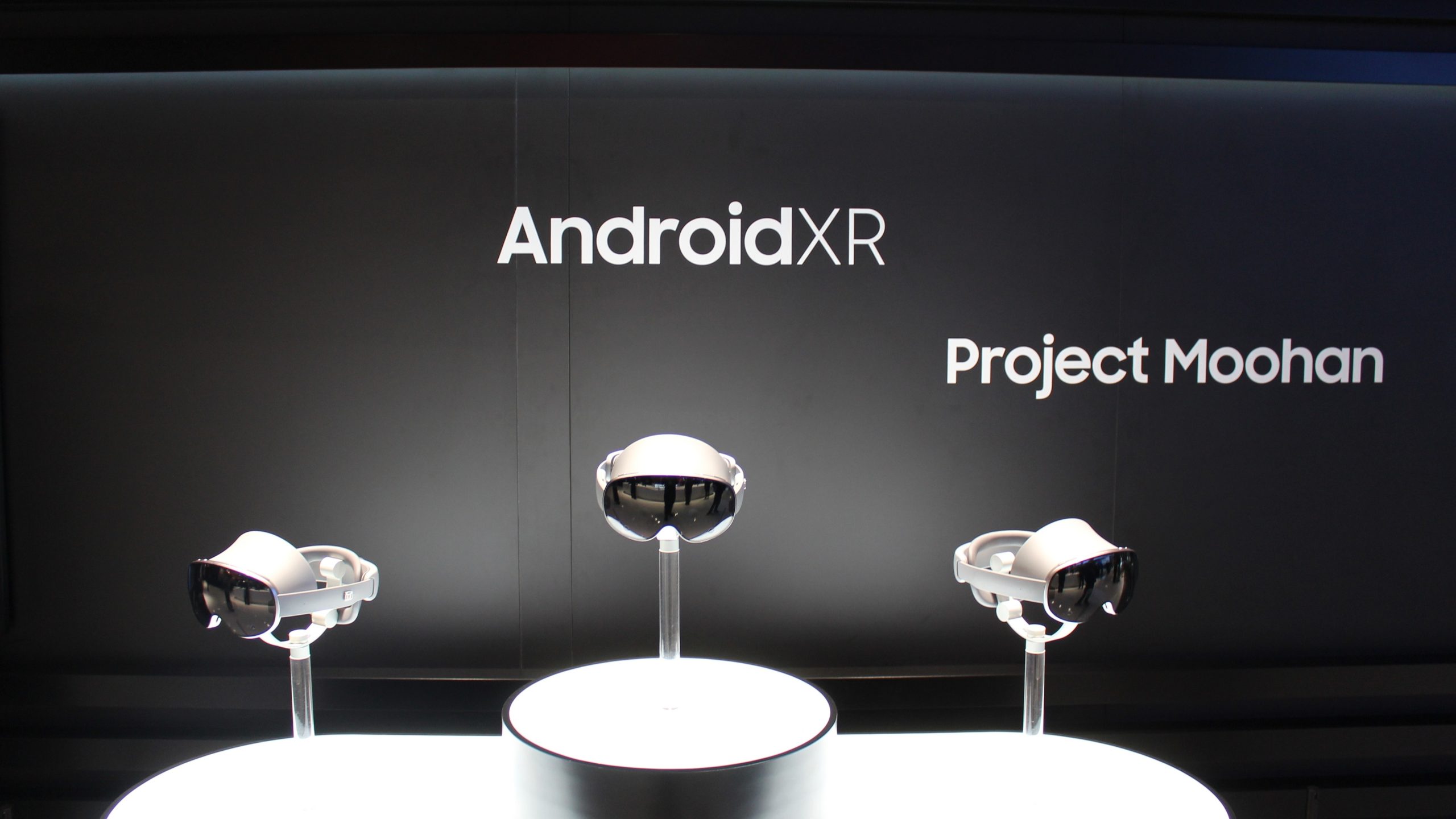 Android XR operating system logo displayed against the backdrop of Samsung's Project Moohan AR headset