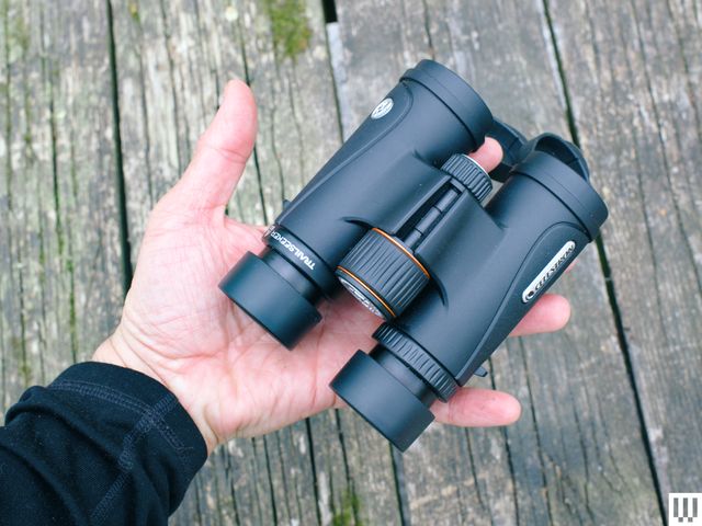 Open palm holding black binoculars, neatly folded, with a weathered wooden surface in the background.