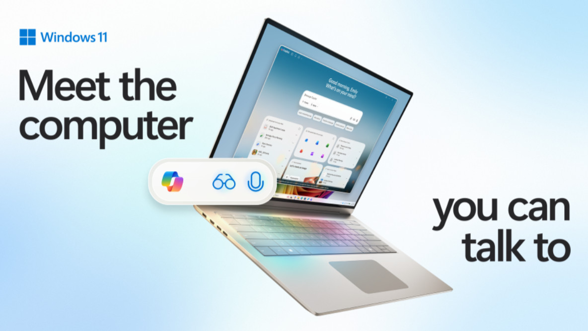 Windows 11: &quot;meet the computer you can talk to&quot; showing a laptop running the Copilot app