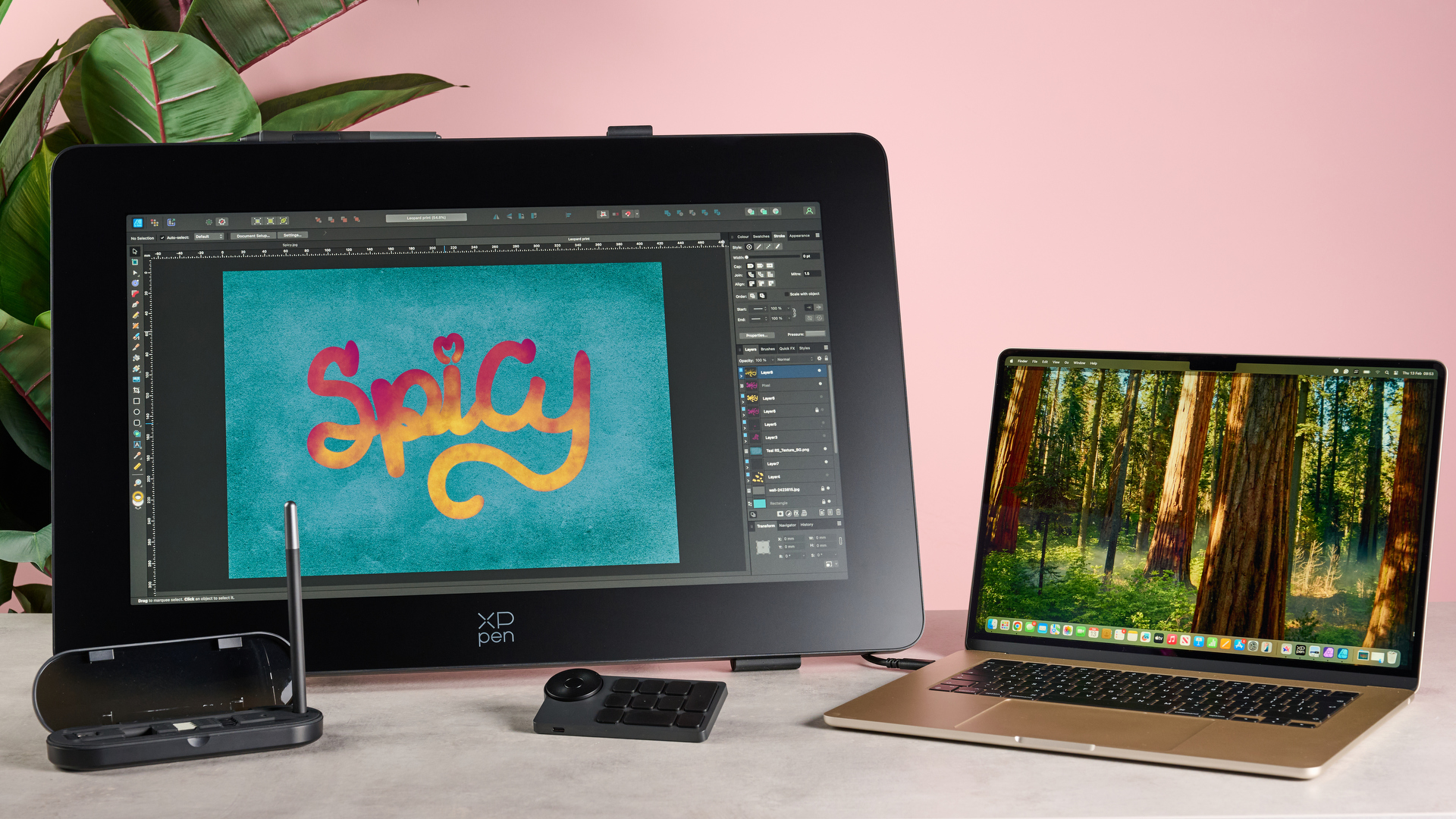 From left to right, there's a MacBook Air and XPPen drawing display with accessories. There's some brightly coloured artwork on the display that reads &amp;quot;Spicy&amp;quot;.