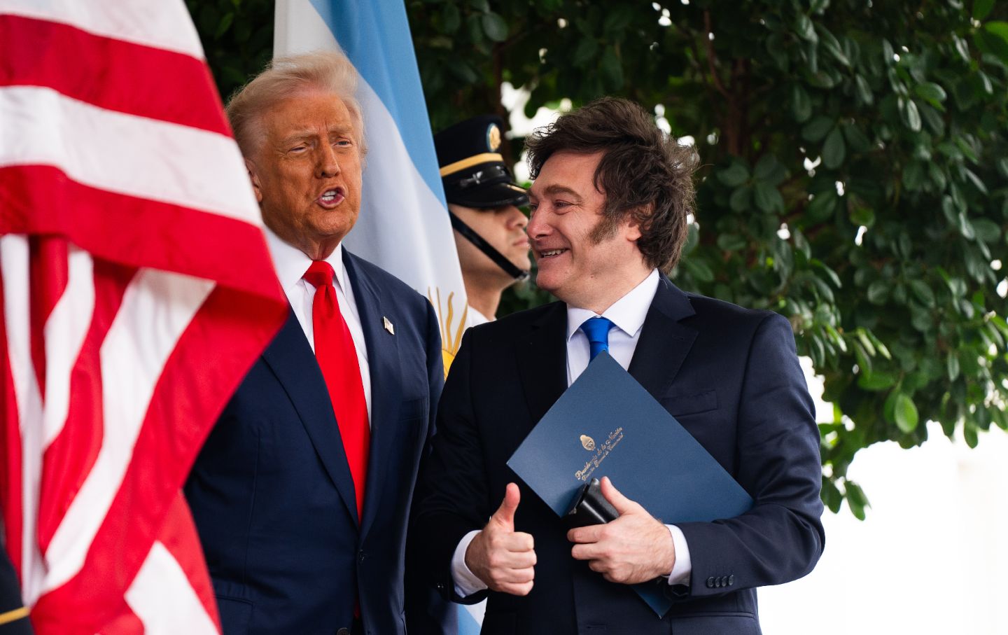 US President Donald Trump greets President of Argentina Javier Milei as he arrives at the West Wing of the White House on Tuesday October 14, 2025.