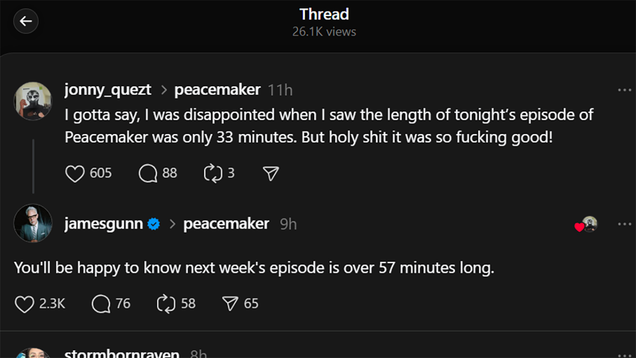A screenshot of James Gunn responding to a fan on Threads about Peacemaker season 2 episode 8's runtime