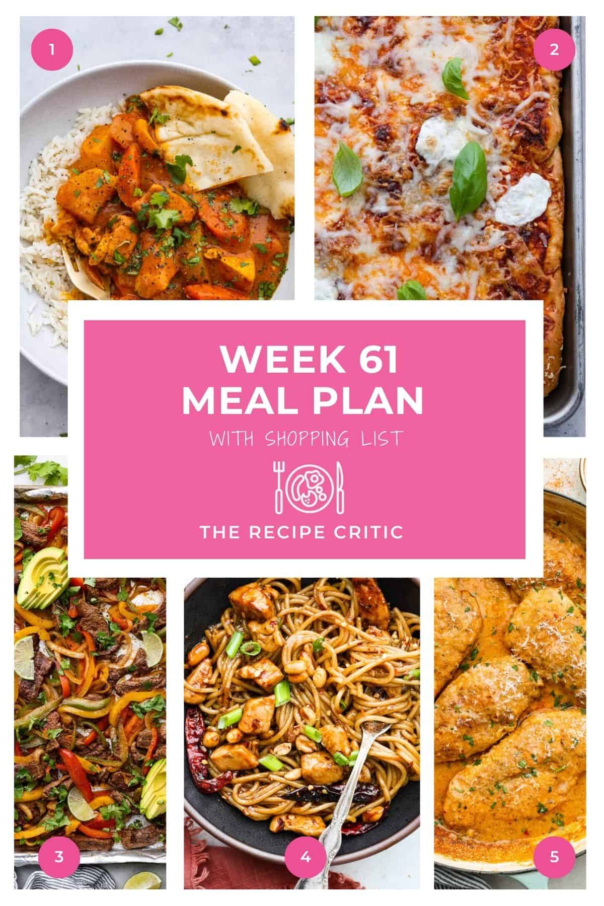 Collage of the hero shots from the meals from this weekly meal plan.