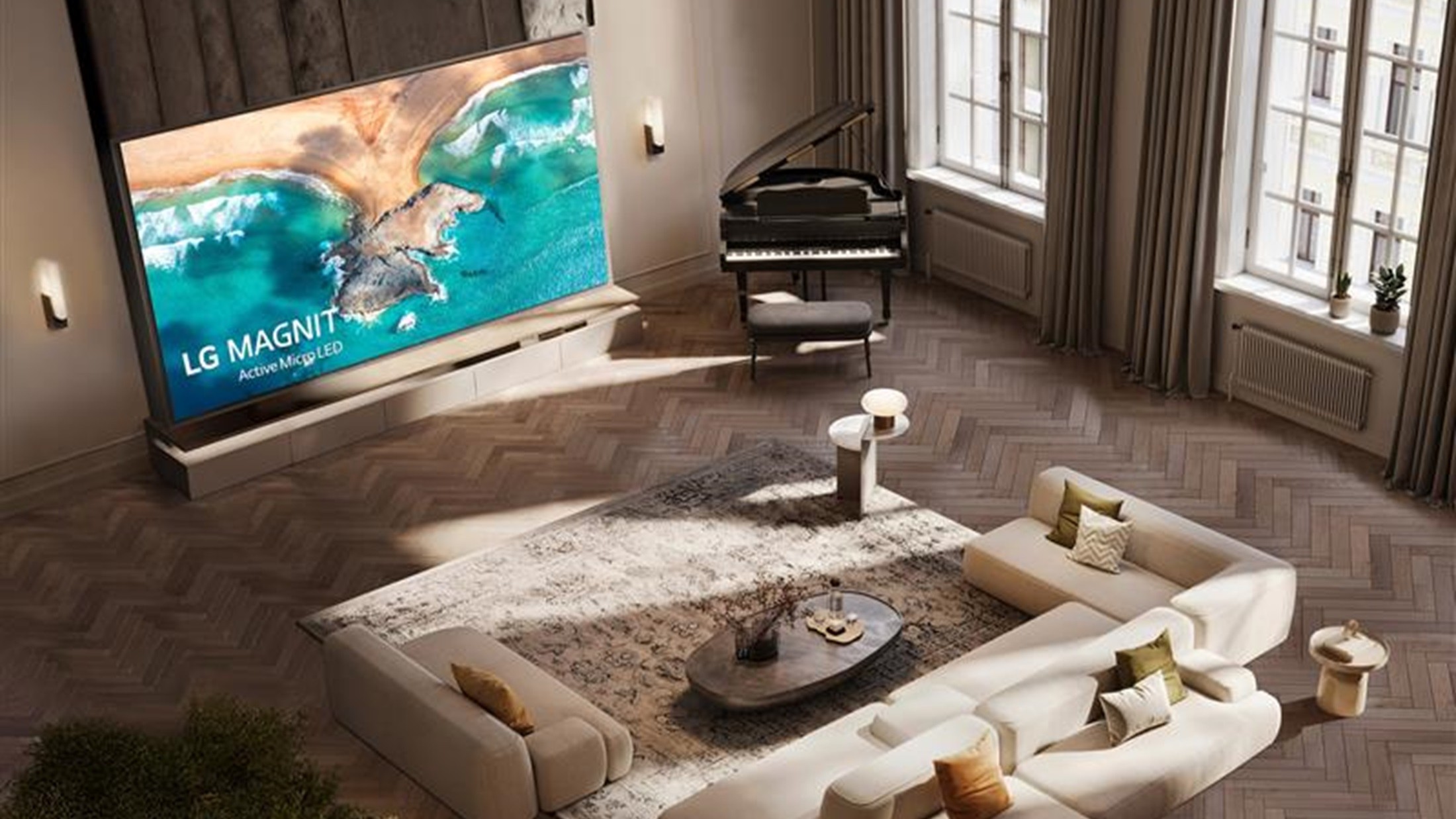 LG Magnit Active Micro LED in living room setting showing image of beach