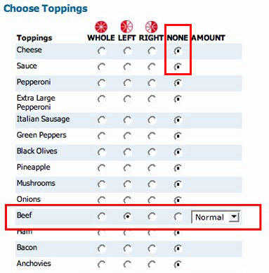online pizza order menu with instructions for none pizza left beef