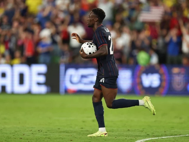 folarin balogun of united states celebrates after scoring the team s first goal during an international friendly match between united states and ecuador at q2 stadium on october 10 photo afp