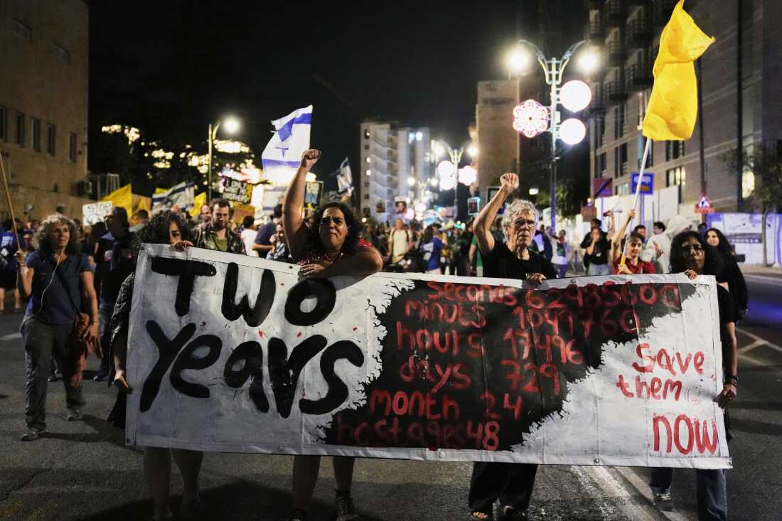 Relatives and supporters of Israeli hostages held in the Gaza Strip take part in a protest demanding their release from Hamas captivity and calling for an end to the war, in Jerusalem on Saturday.