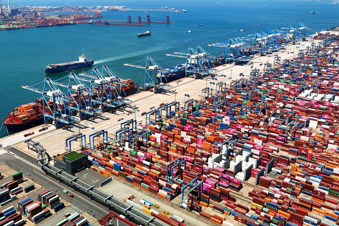 An aerial view of a container port is seen in Qingdao in east China